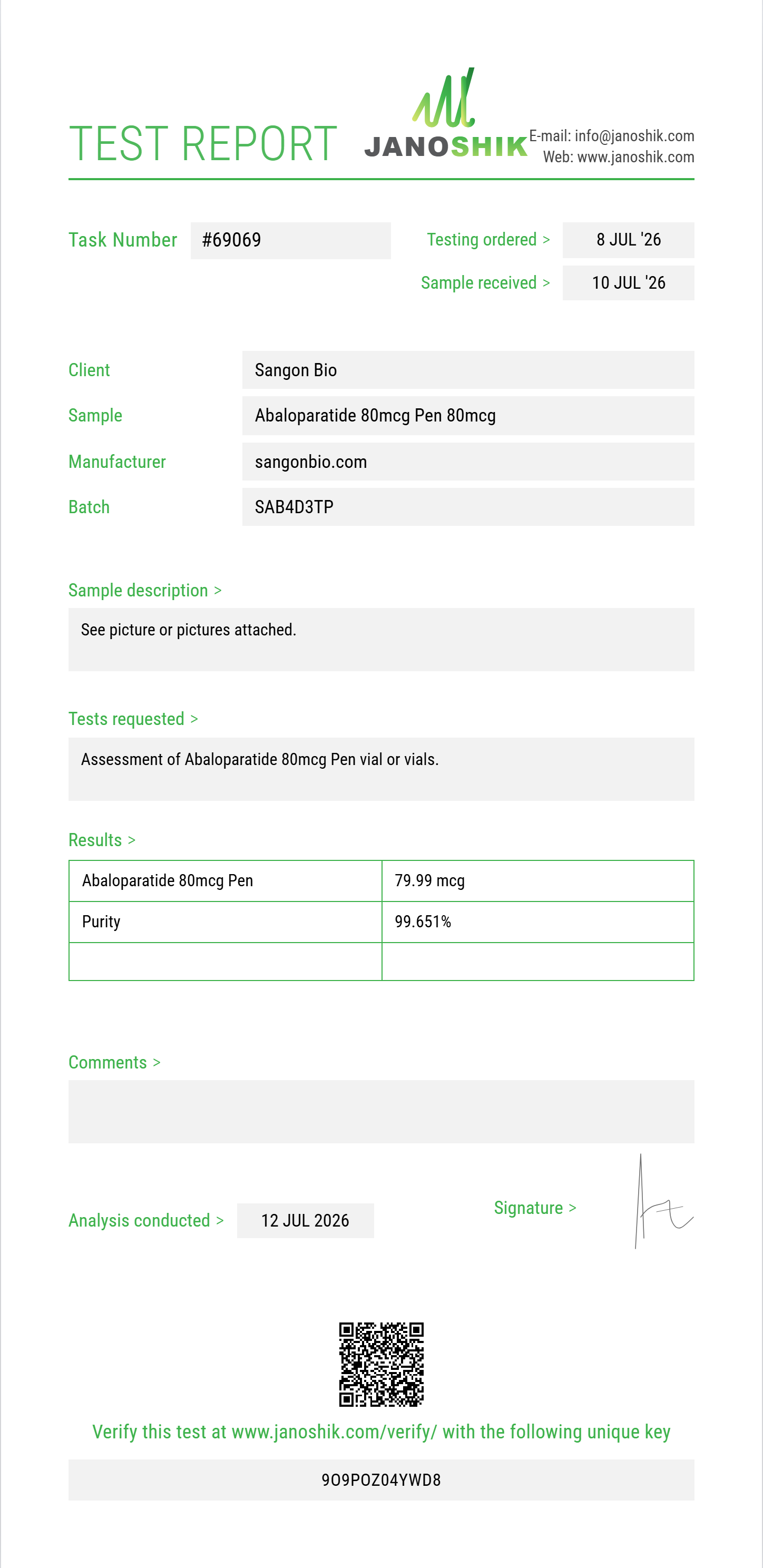 Abaloparatide Purity (HPLC) report by Janoshik Analytical