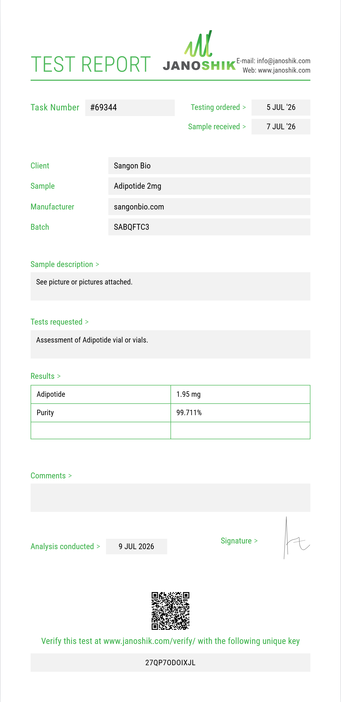 Adipotide Purity (HPLC) report by Janoshik Analytical