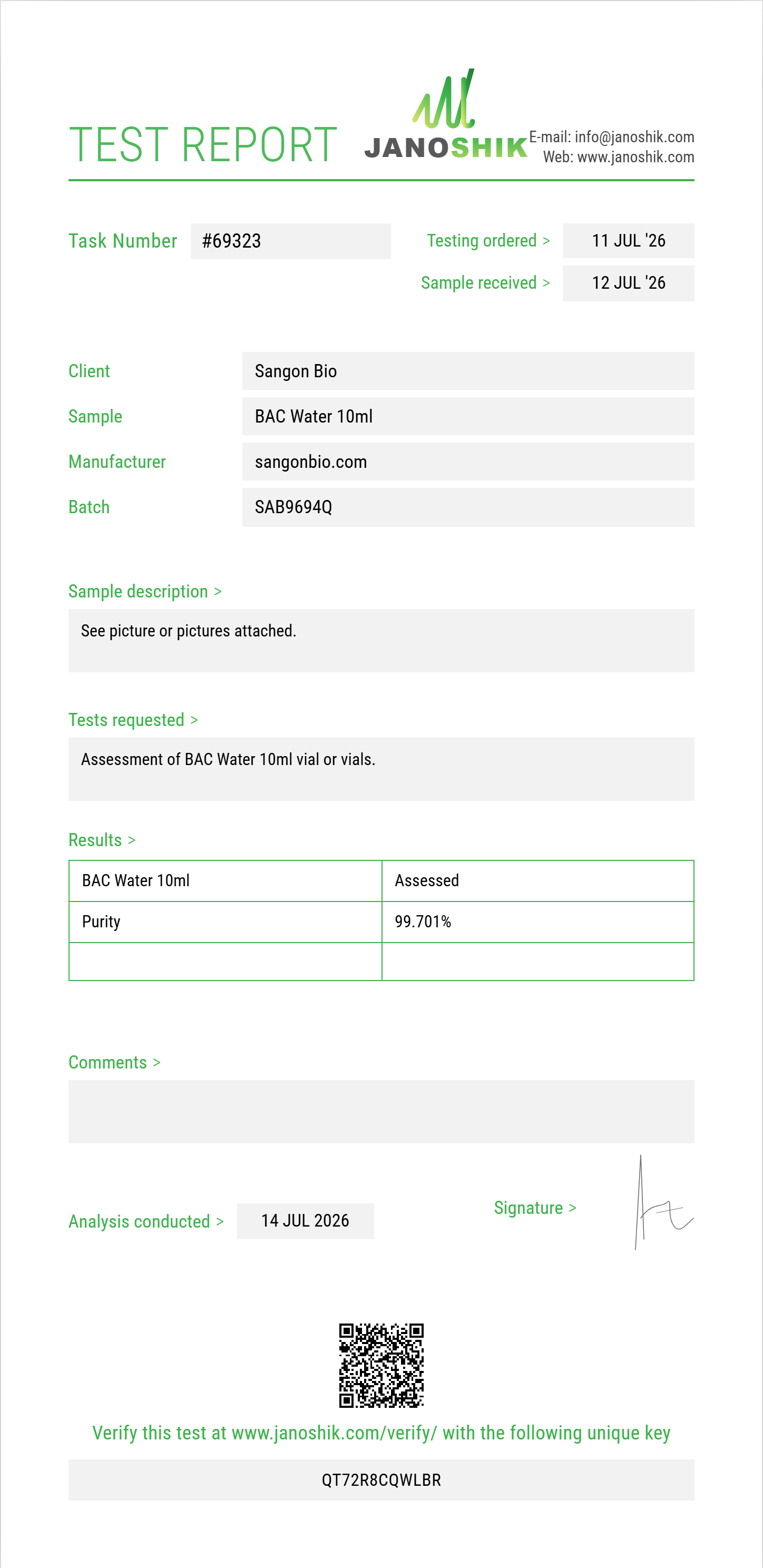 BAC Water Purity (HPLC) report by Janoshik Analytical