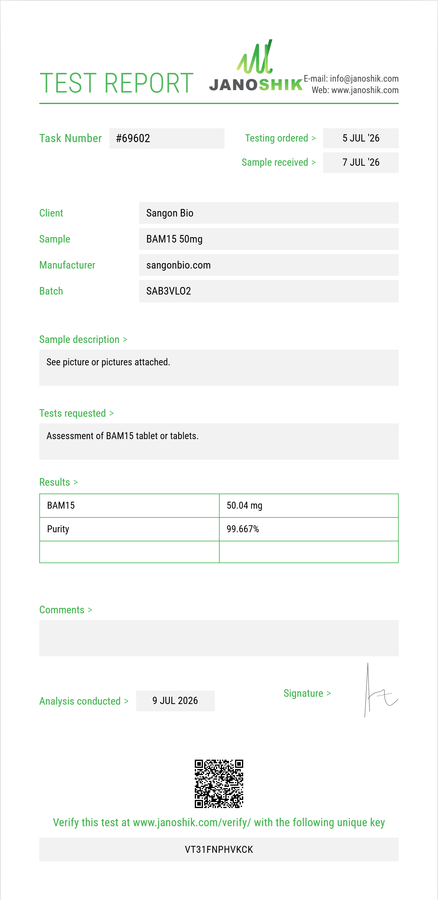 BAM15 Purity (HPLC) report by Janoshik Analytical
