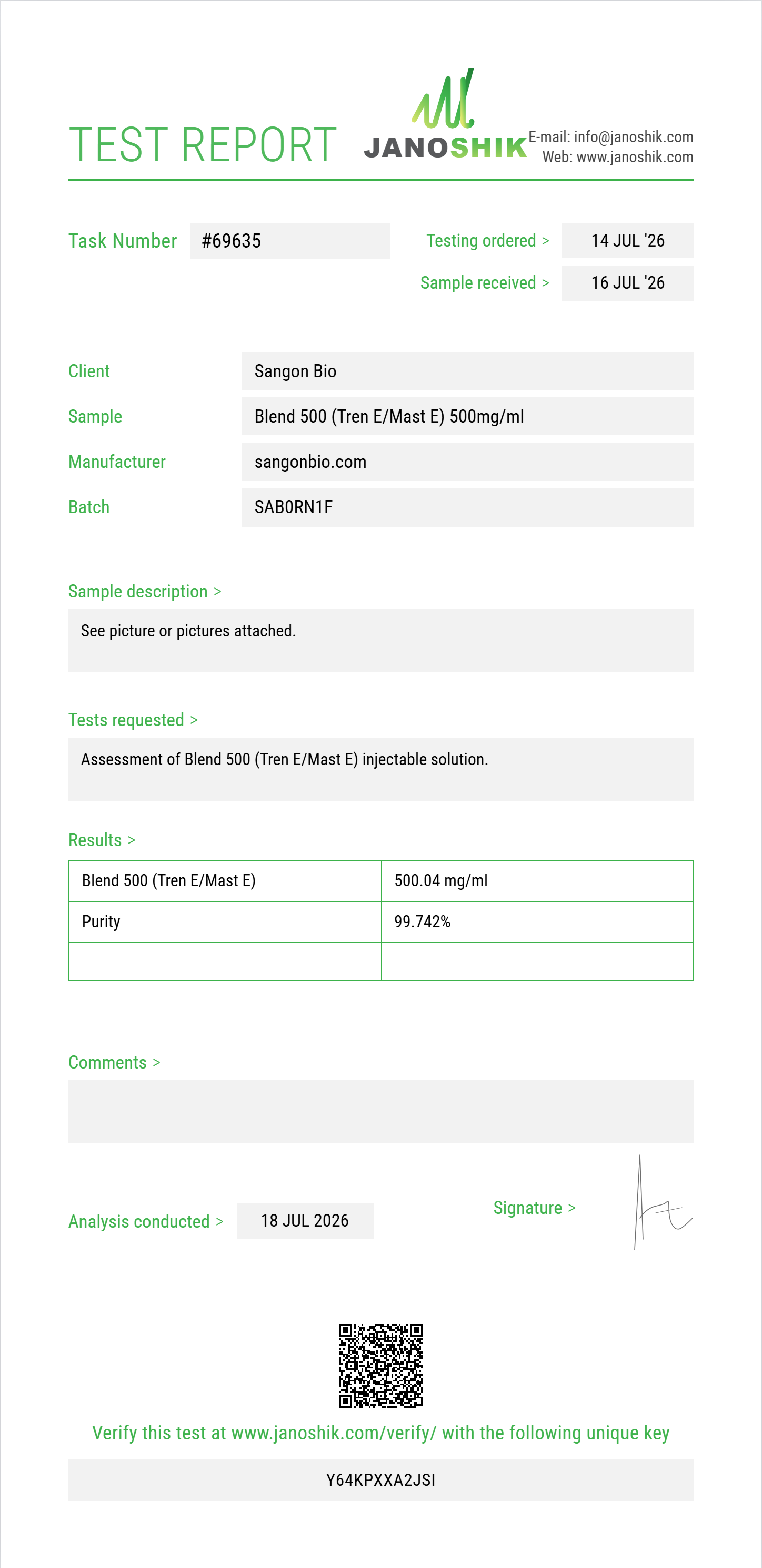 Blend 500 (Tren E/Mast E) Purity (HPLC) report by Janoshik Analytical