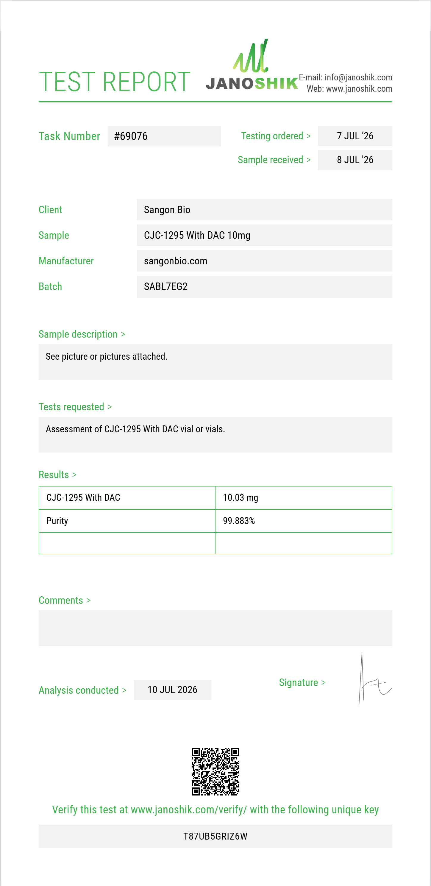 CJC-1295 With DAC Purity (HPLC) report by Janoshik Analytical
