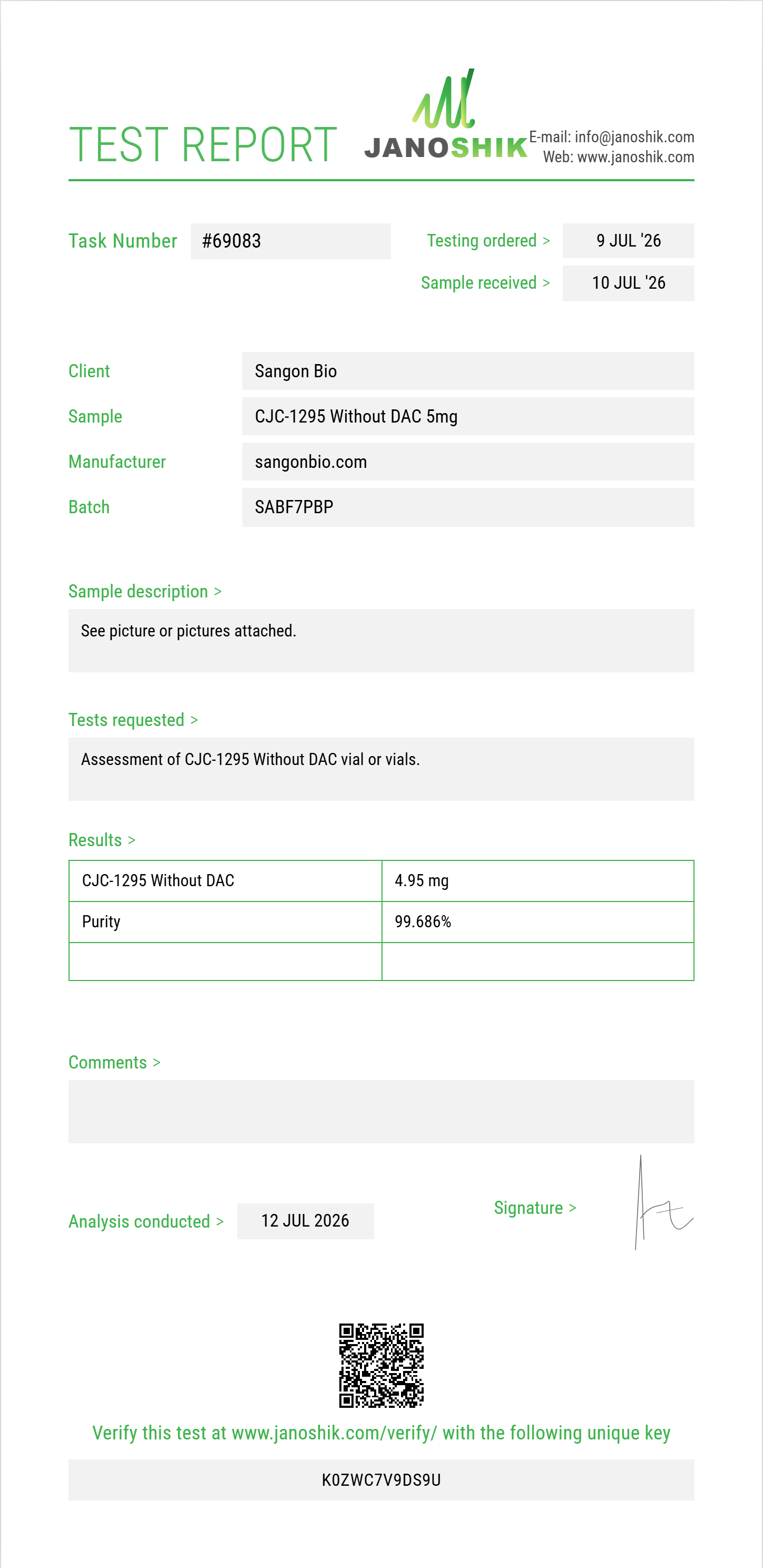 CJC-1295 Without DAC Purity (HPLC) report by Janoshik Analytical