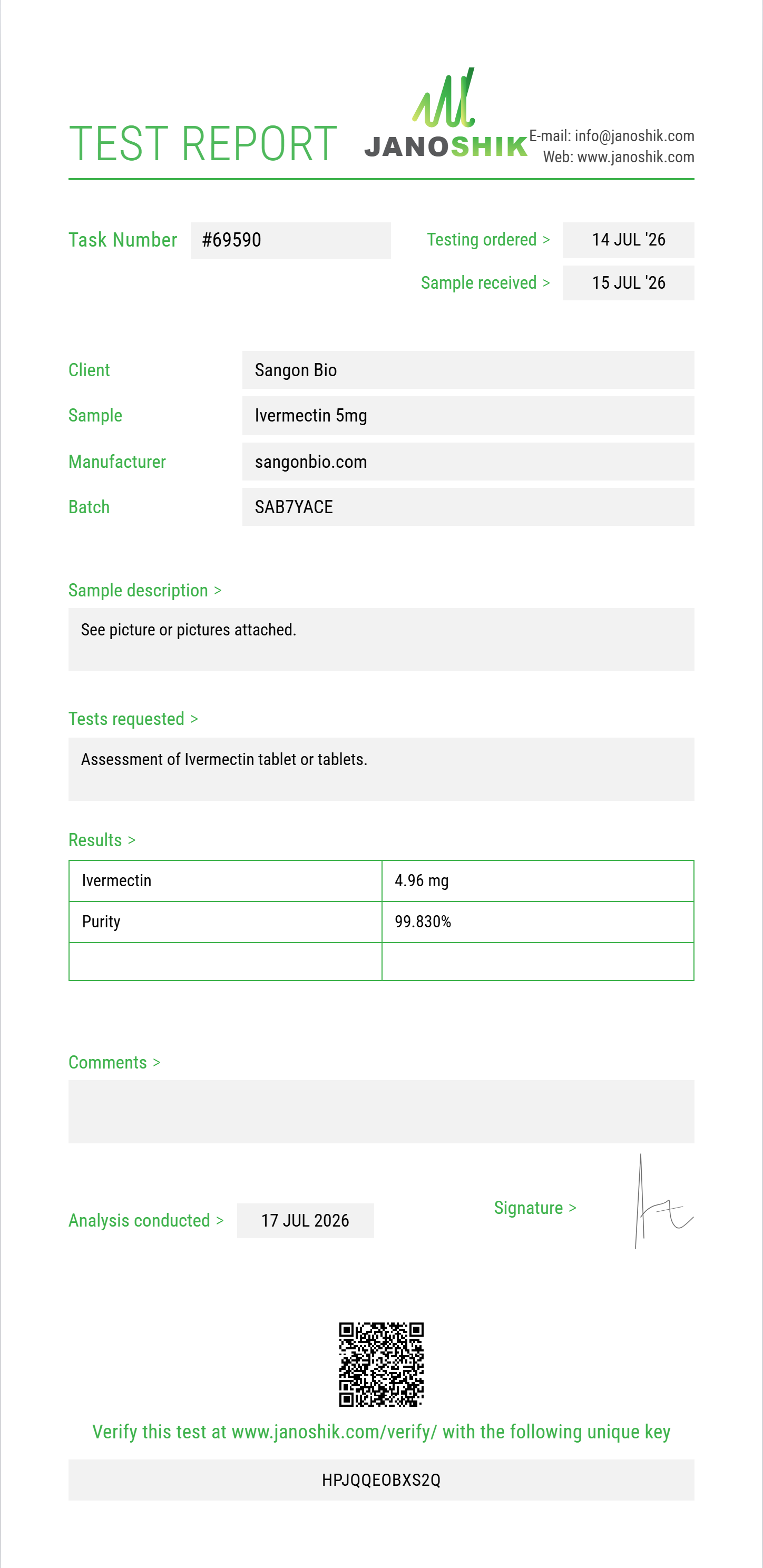 Ivermectin Purity (HPLC) report by Janoshik Analytical