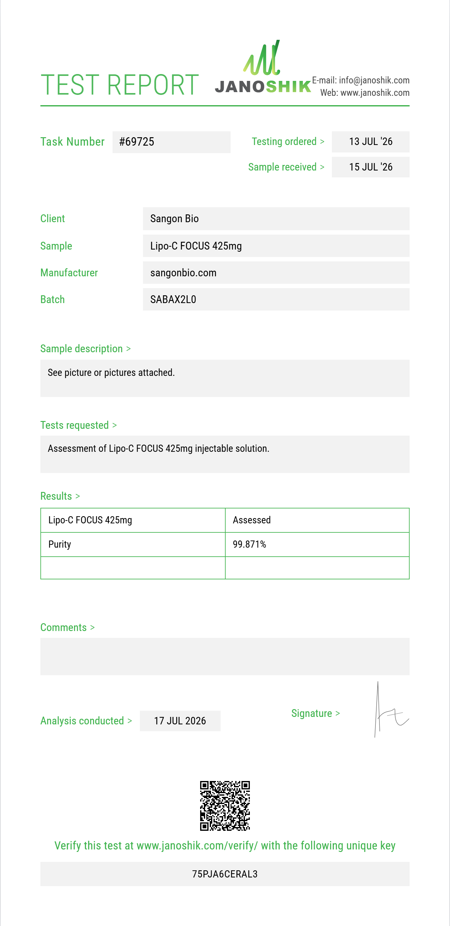 Lipo-C FOCUS 425mg Purity (HPLC) report by Janoshik Analytical