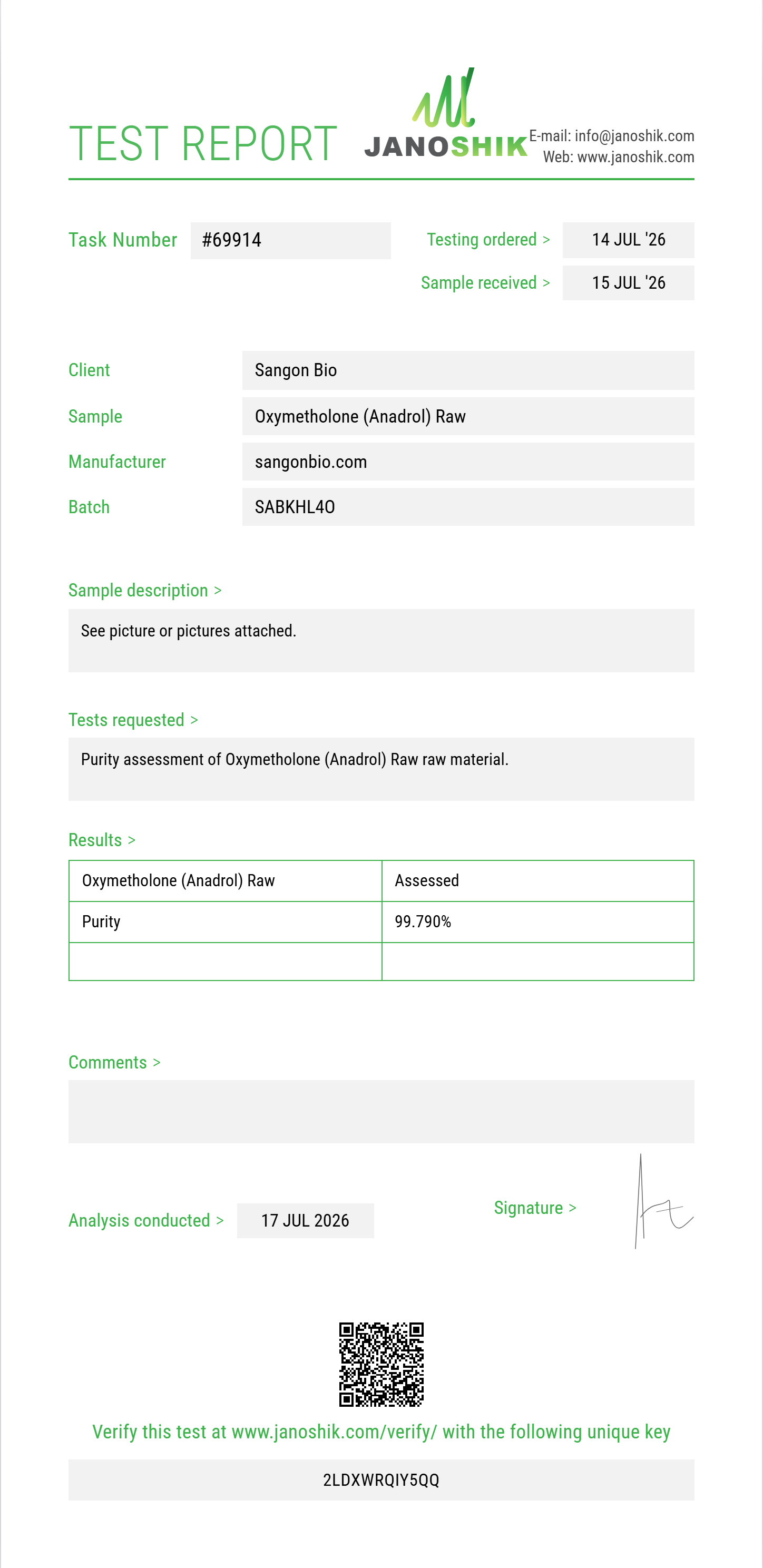 Oxymetholone (Anadrol) Raw Purity (HPLC) report by Janoshik Analytical