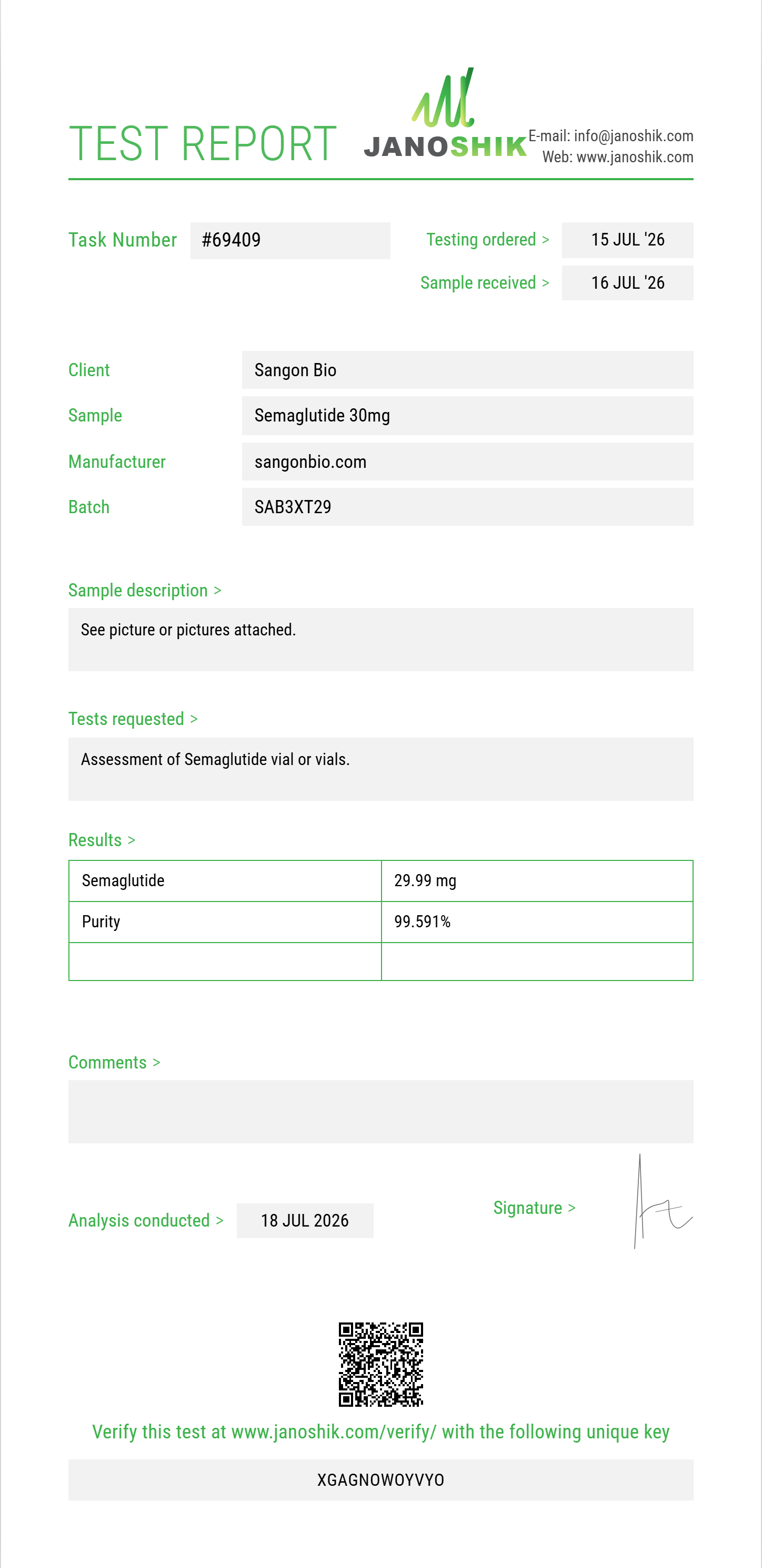 Semaglutide Purity (HPLC) report by Janoshik Analytical
