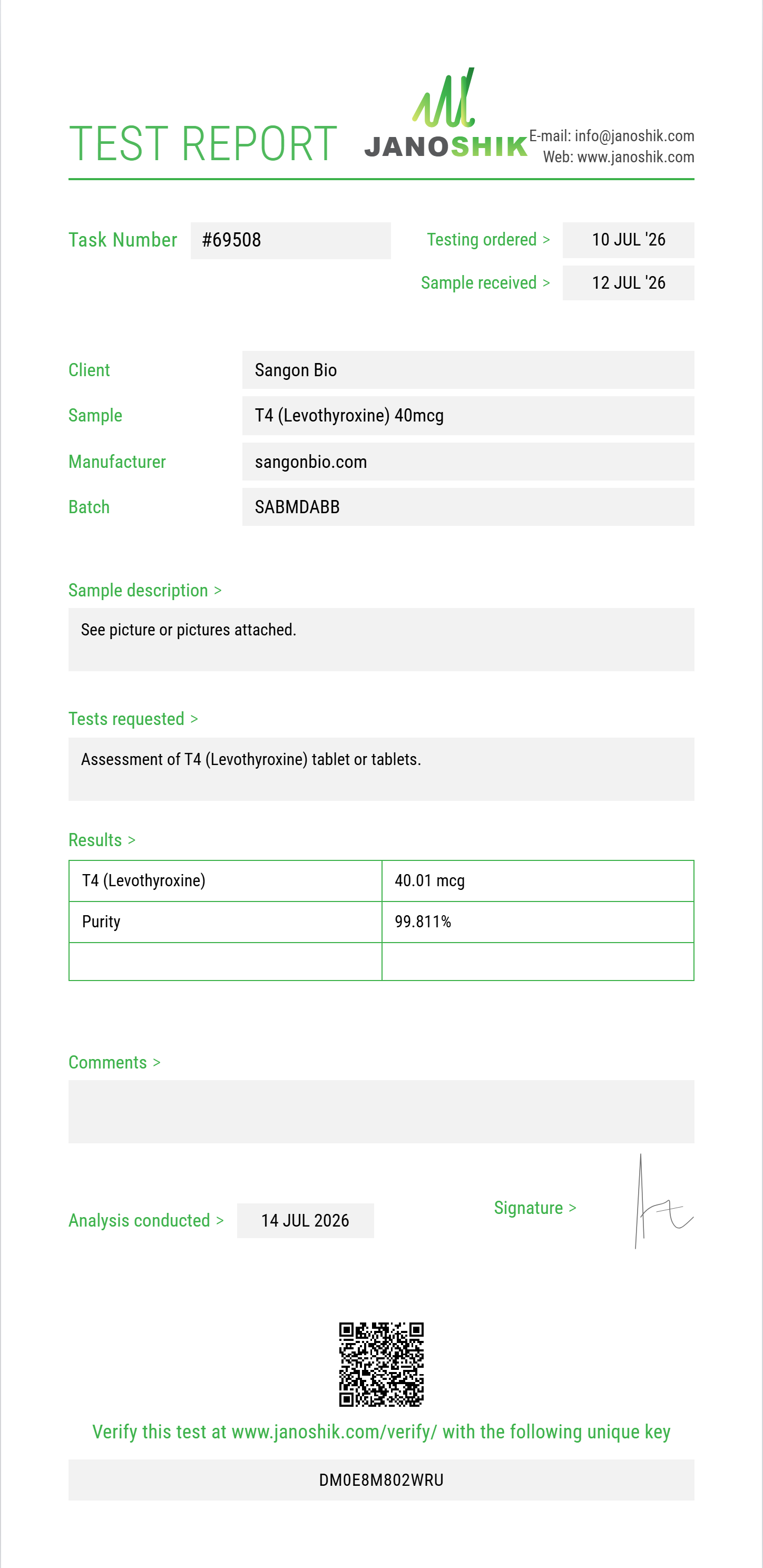 T4 (Levothyroxine) Purity (HPLC) report by Janoshik Analytical