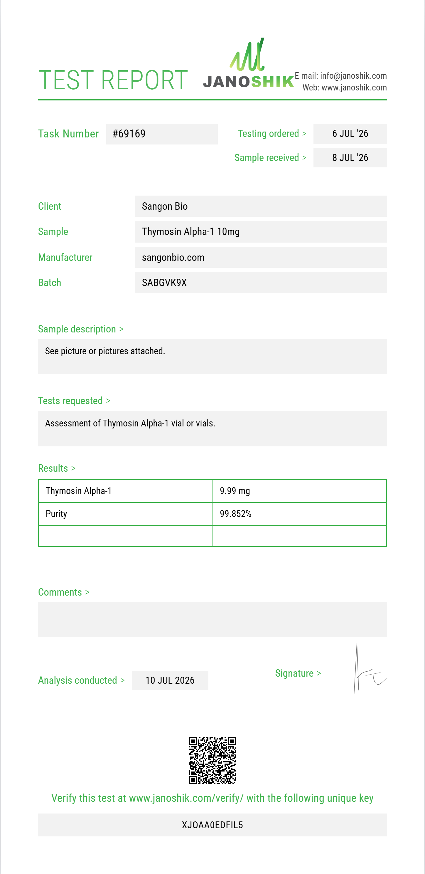 Thymosin Alpha-1 Purity (HPLC) report by Janoshik Analytical