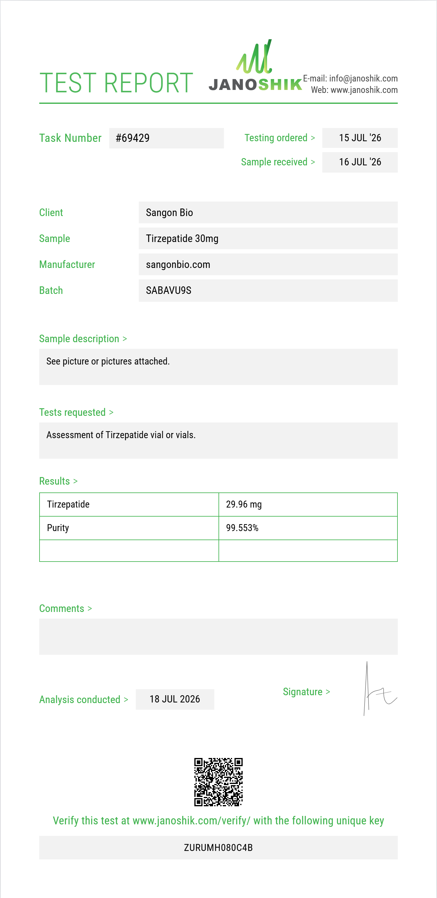 Tirzepatide 30mg Pen Kit Purity (HPLC) report by Janoshik Analytical