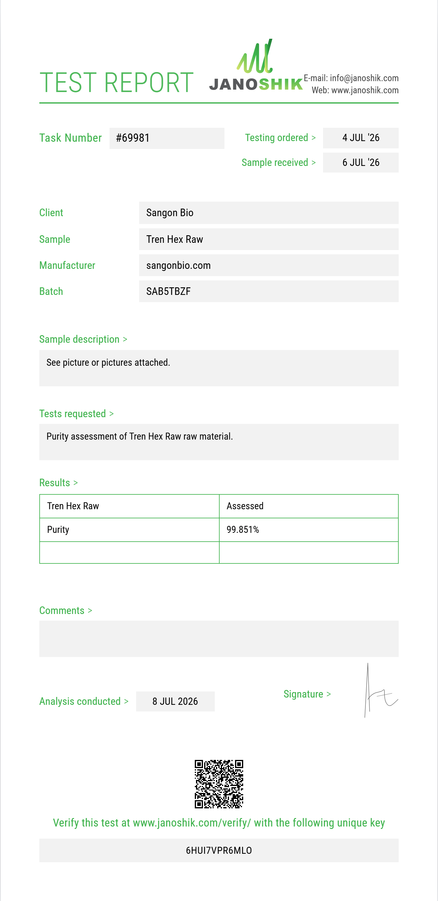 Tren Hex Raw Purity (HPLC) report by Janoshik Analytical